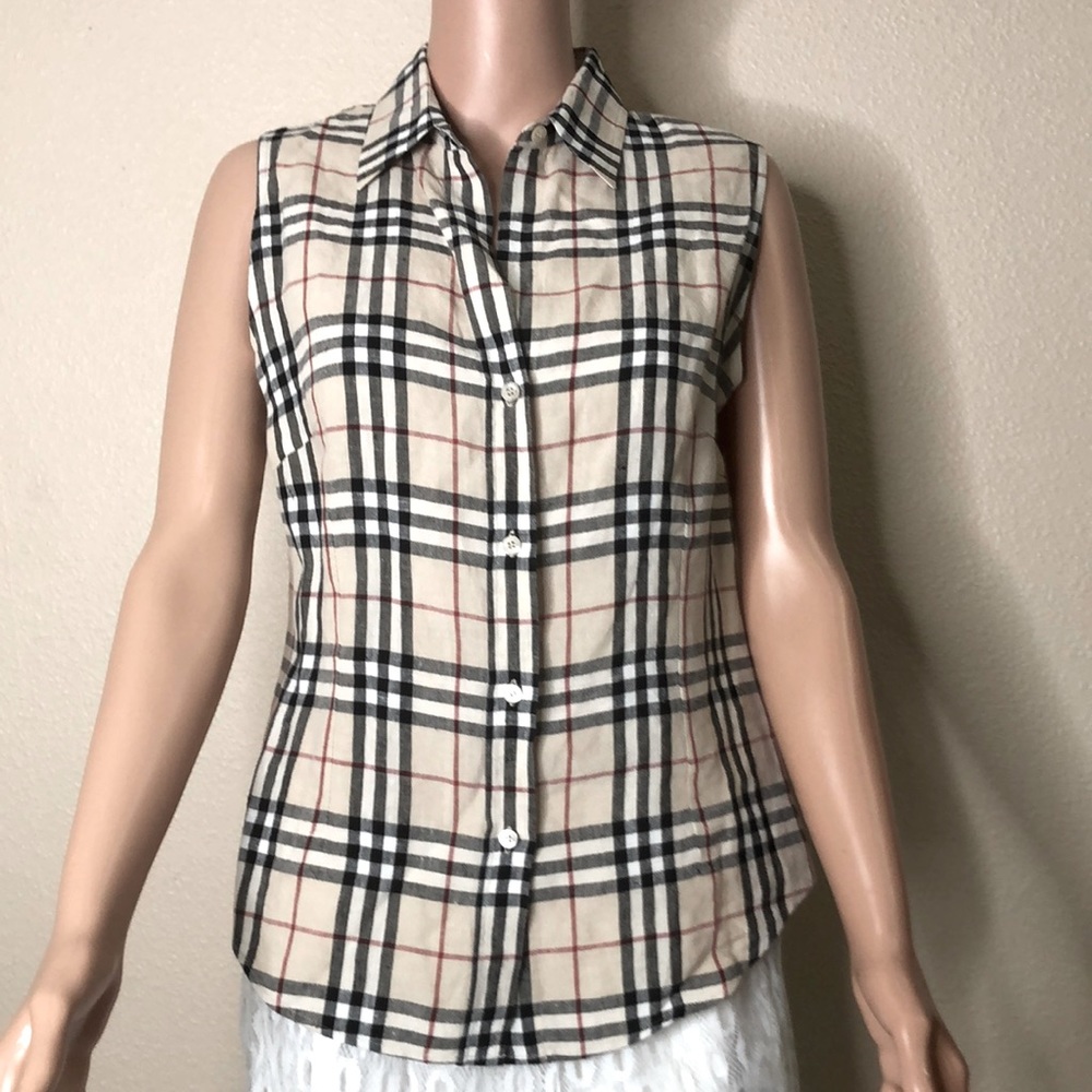 Burberry Classic Plaid Sleeveless Linen Blouse